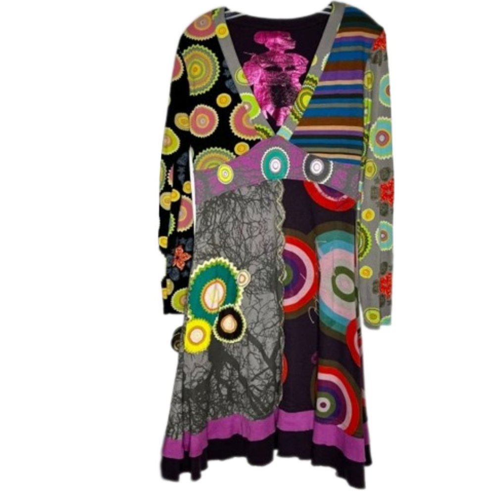 Desigual Colorful V-Neck A-Line Empire Waist Jersey Dress - L